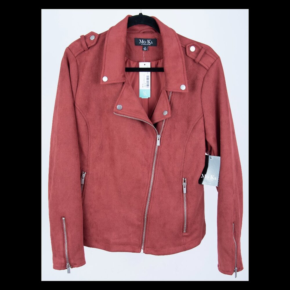 Mo-Ka Womens Red Asymmetrical Zip Faux Suede Moto Jacket XL NWT